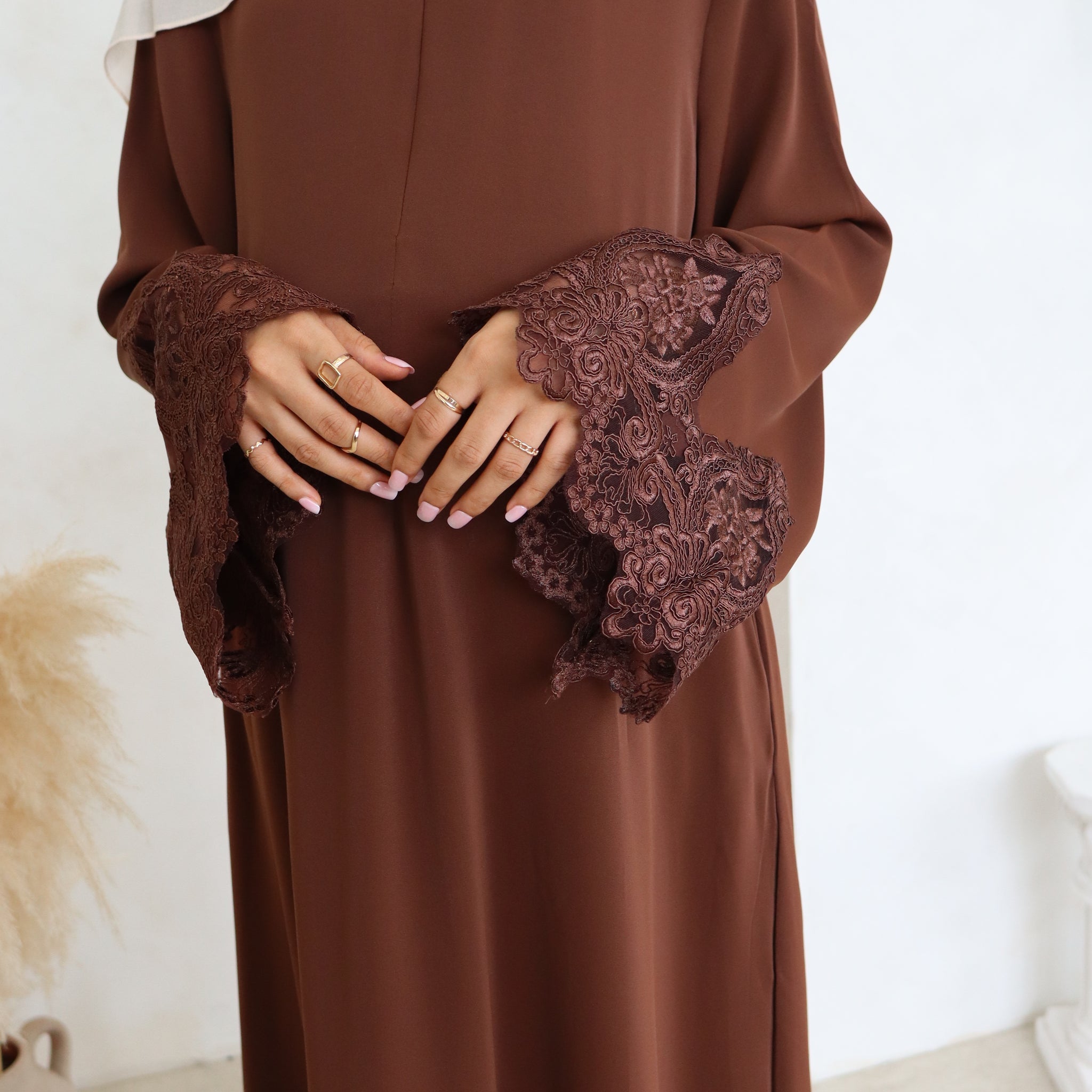 Sana Abaya Lace Sleeves with Pockets Coffee - Modest Maternity