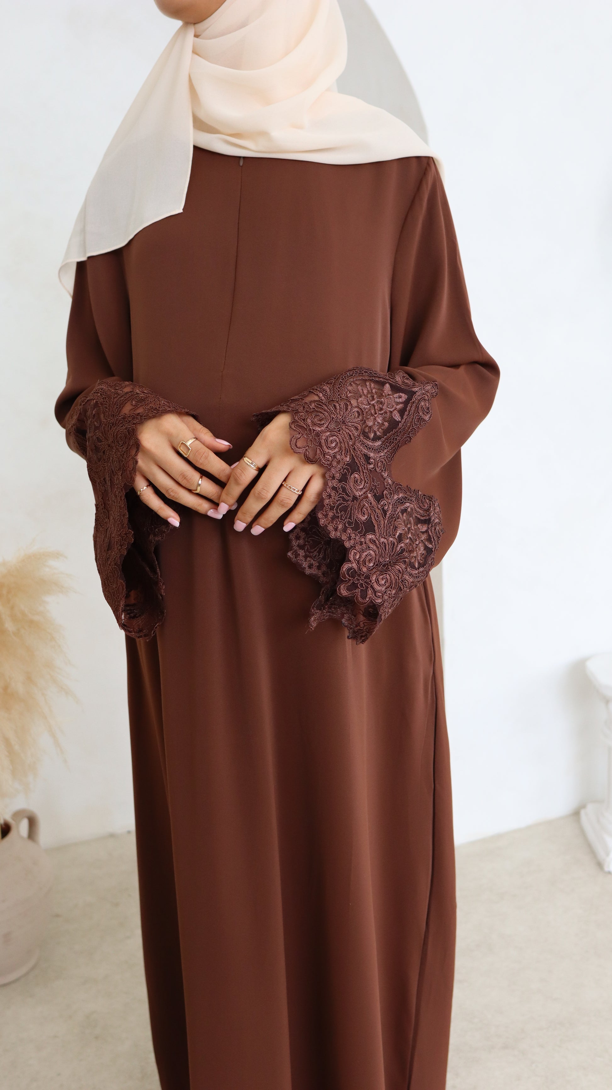 Sana Abaya Lace Sleeves with Pockets Coffee - Modest Maternity